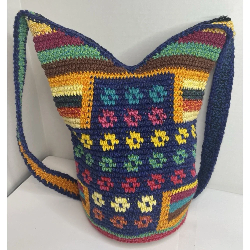 Guatamalan Woven Hobo Bag Crossbody Purse With Zipper Blue Orange Yellow Floral